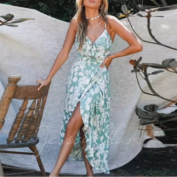 Dresses & Skirts - Teal Ruffle Split Hem Summer Maxi Dress